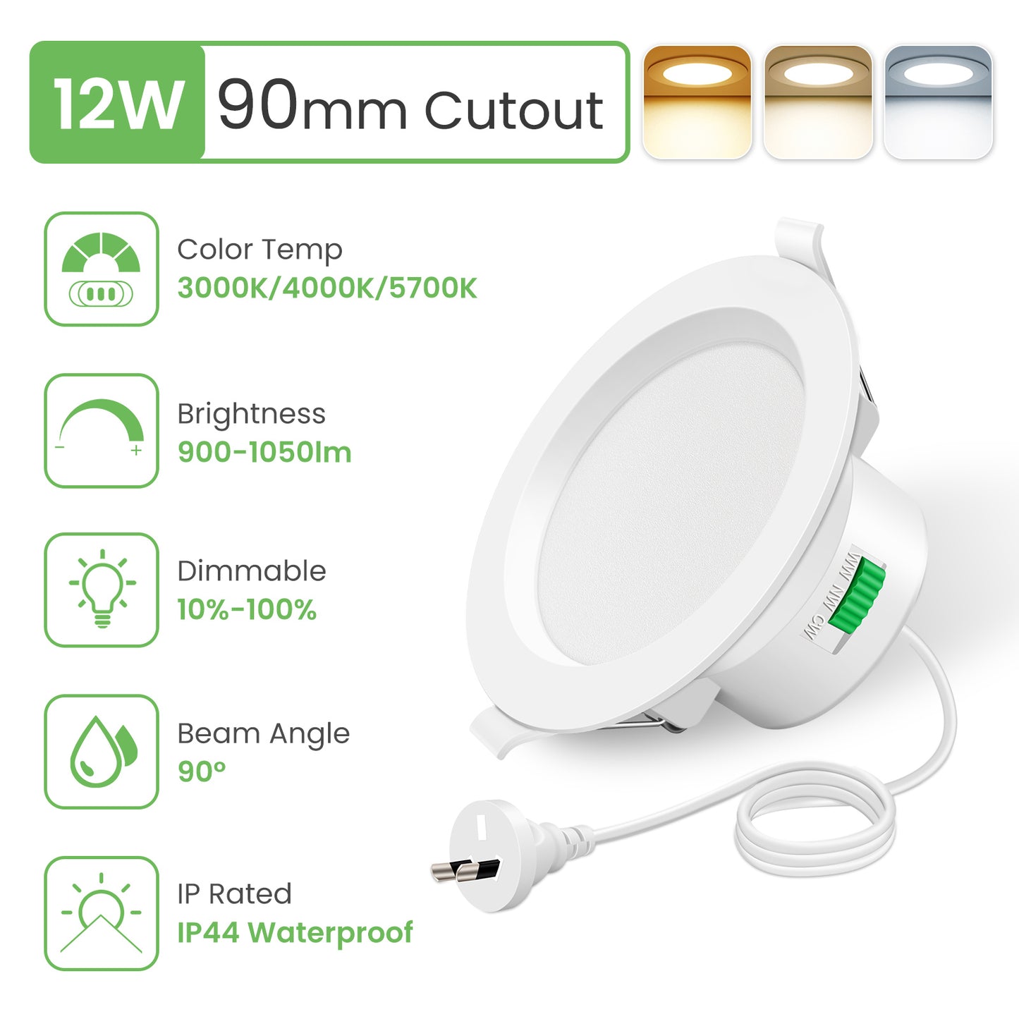 12W Concave LED Downlight 3000K-4000K-5700K Dimmable, 90-100mm Cutout, IP44 Spotlight for Bathroom Kitchen, 10 Pack