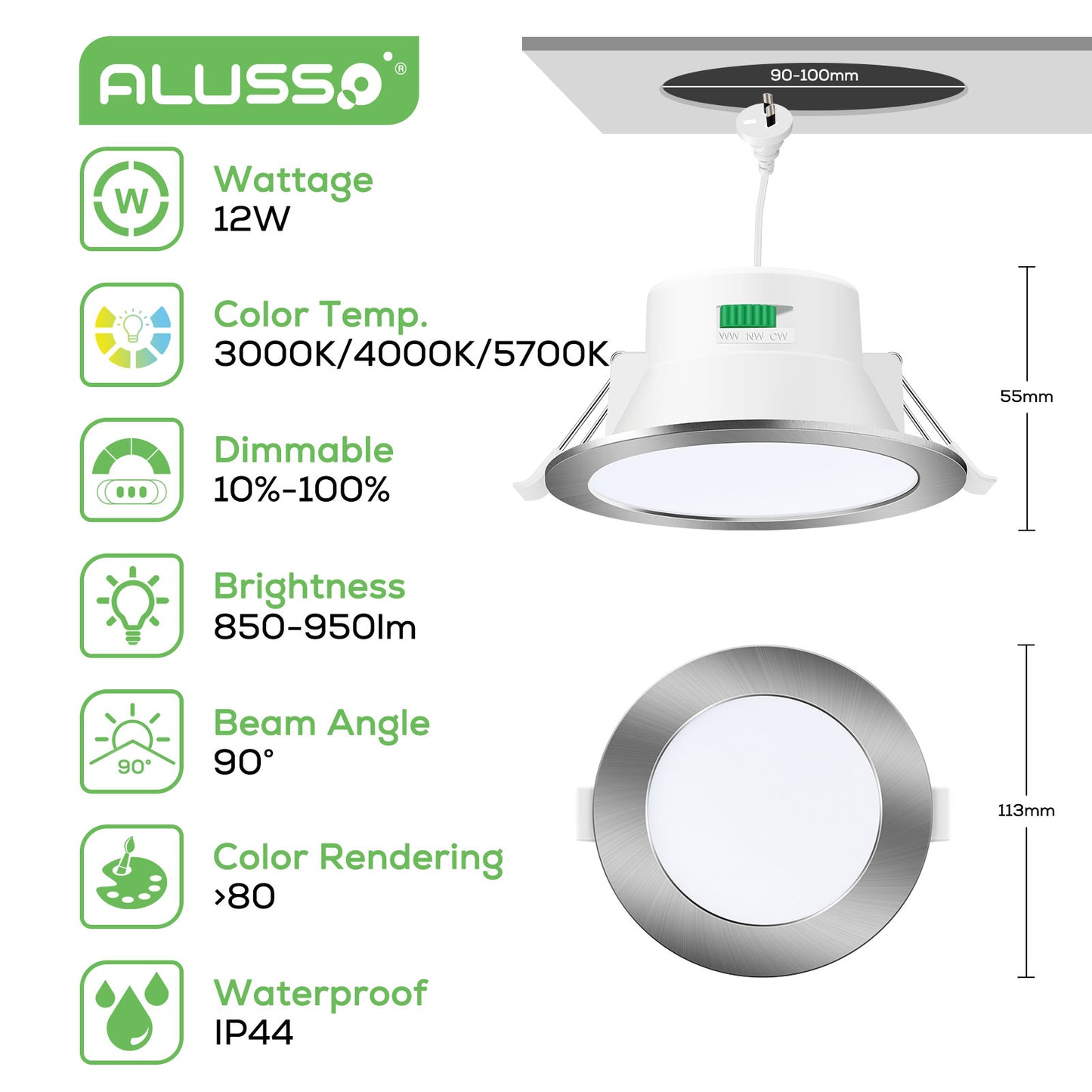10W 12W 14W LED Downlights Tri-Color Changable Dimmable 70mm 90mm 120mm Cutout IP44, White Chrome Frame, 10 PACK