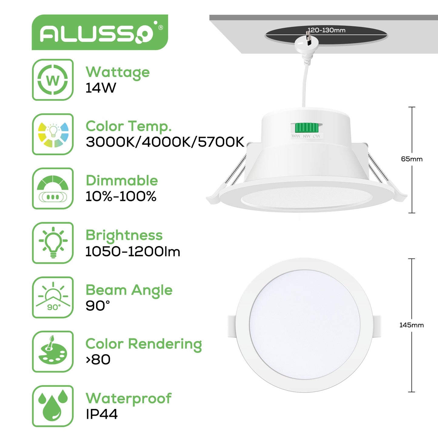 10W 12W 14W LED Downlights Tri-Color Changable Dimmable 70mm 90mm 120mm Cutout IP44, White Chrome Frame, 10 PACK