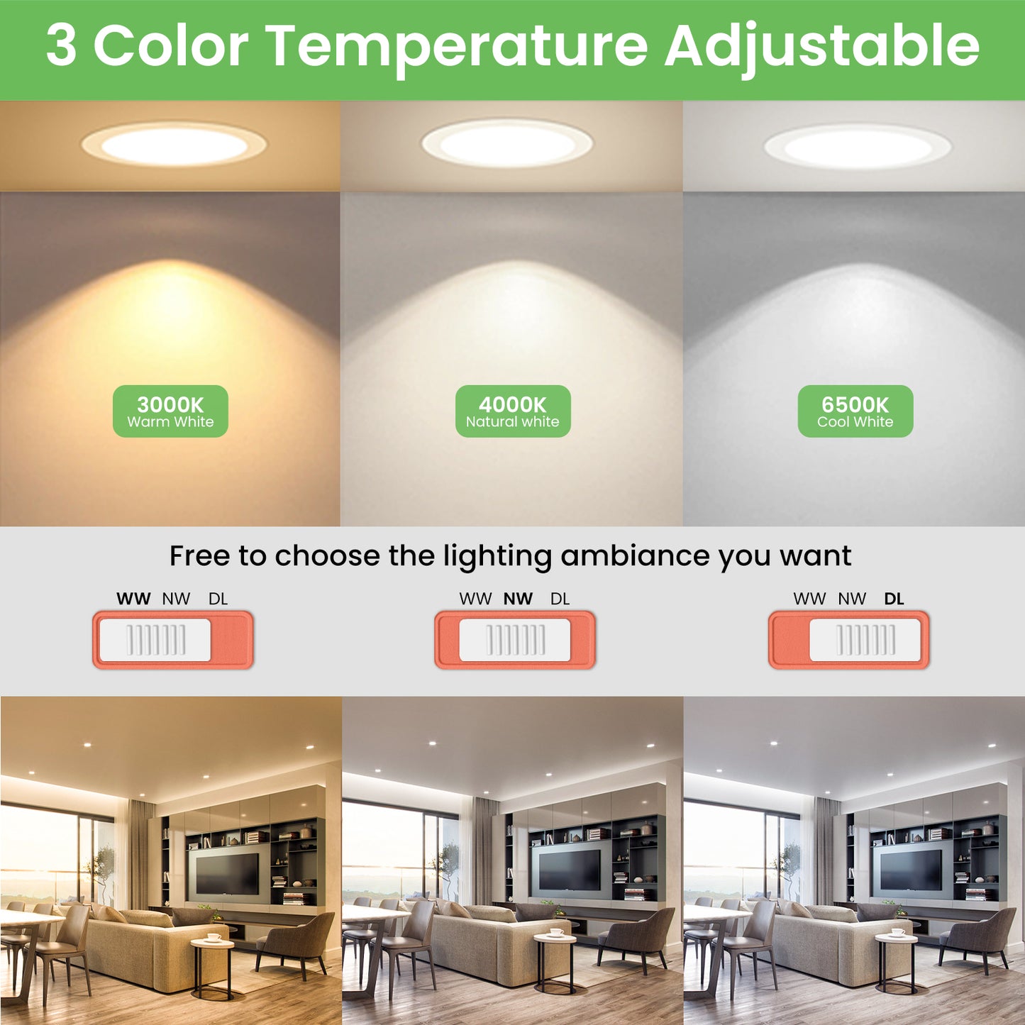 90mm LED Downlight Kit 10W Dimmable Tri Color Daylight with AU Plug IP44