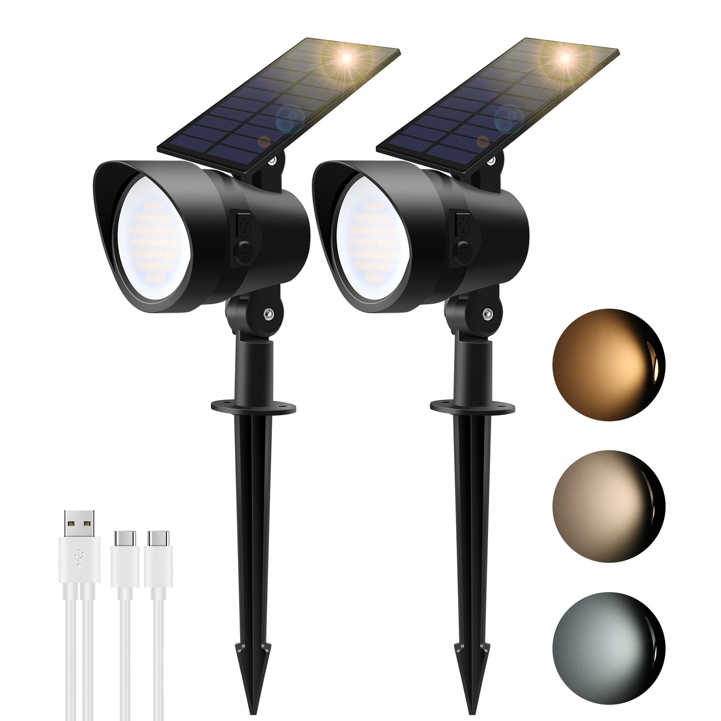 2 Pack 3CCT+DIM 54-LEDs Solar Landscape Spotlights Outdoor Wall Night Light IP65