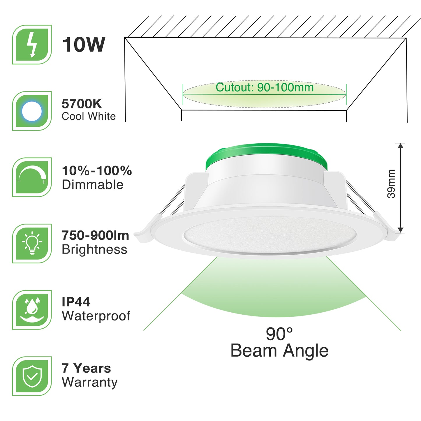 10 Pack 10W/12W/13W LED Recessed Downlight 3CCT Dimmable 90mm IP44 White Frame