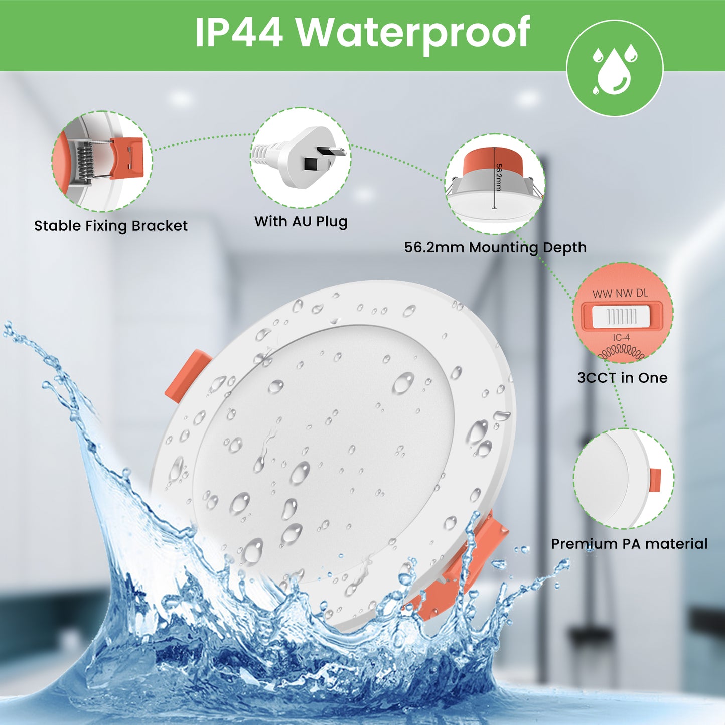 90mm LED Downlight Kit 10W Dimmable Tri Color Daylight with AU Plug IP44