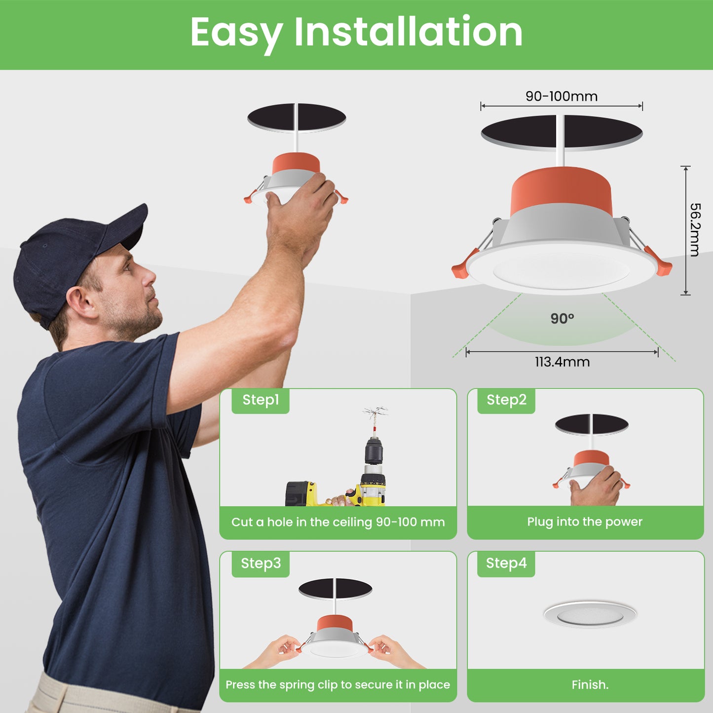 90mm LED Downlight Kit 10W Dimmable Tri Color Daylight with AU Plug IP44