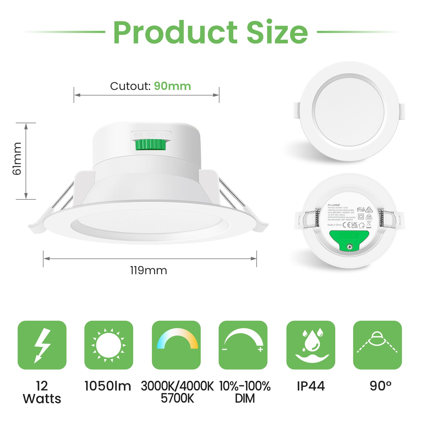 12W Concave LED Downlight 3000K-4000K-5700K Dimmable, 90-100mm Cutout, IP44 Spotlight for Bathroom Kitchen, 10 Pack