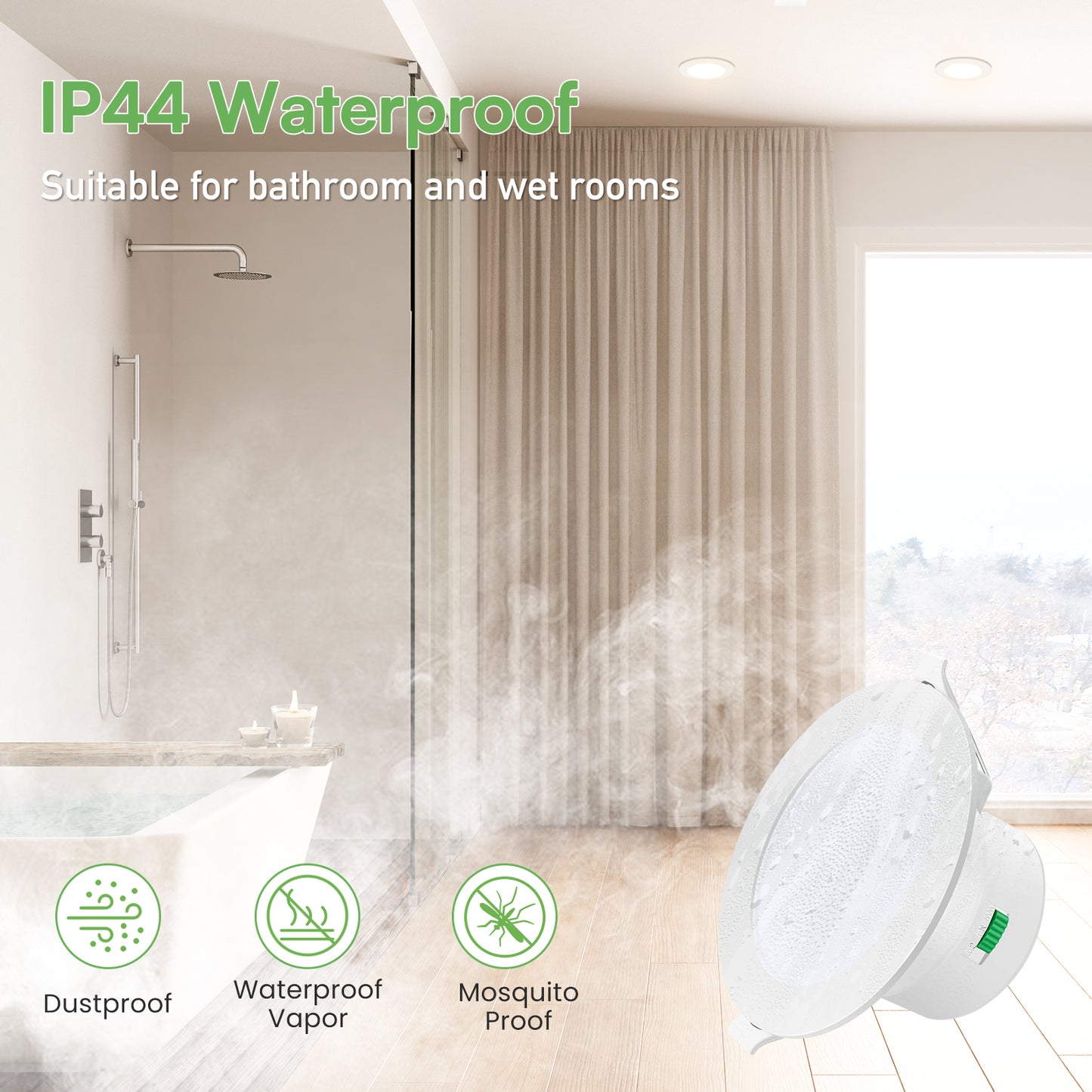 10W 12W 14W LED Downlights Tri-Color Changable Dimmable 70mm 90mm 120mm Cutout IP44, White Chrome Frame, 10 PACK