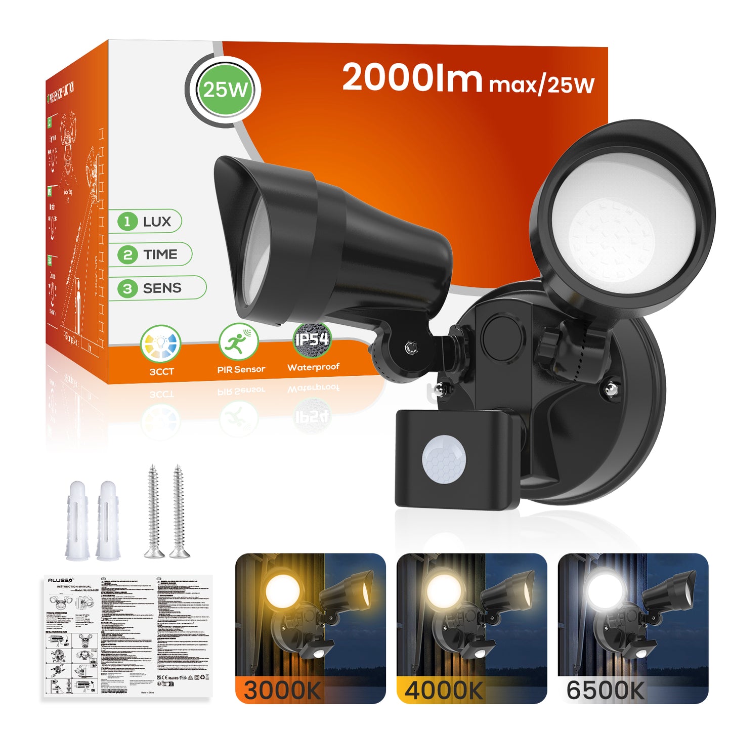 25W LED Outdoor Security Light with Motion Sensor 3CCT IP54 Waterproof Black