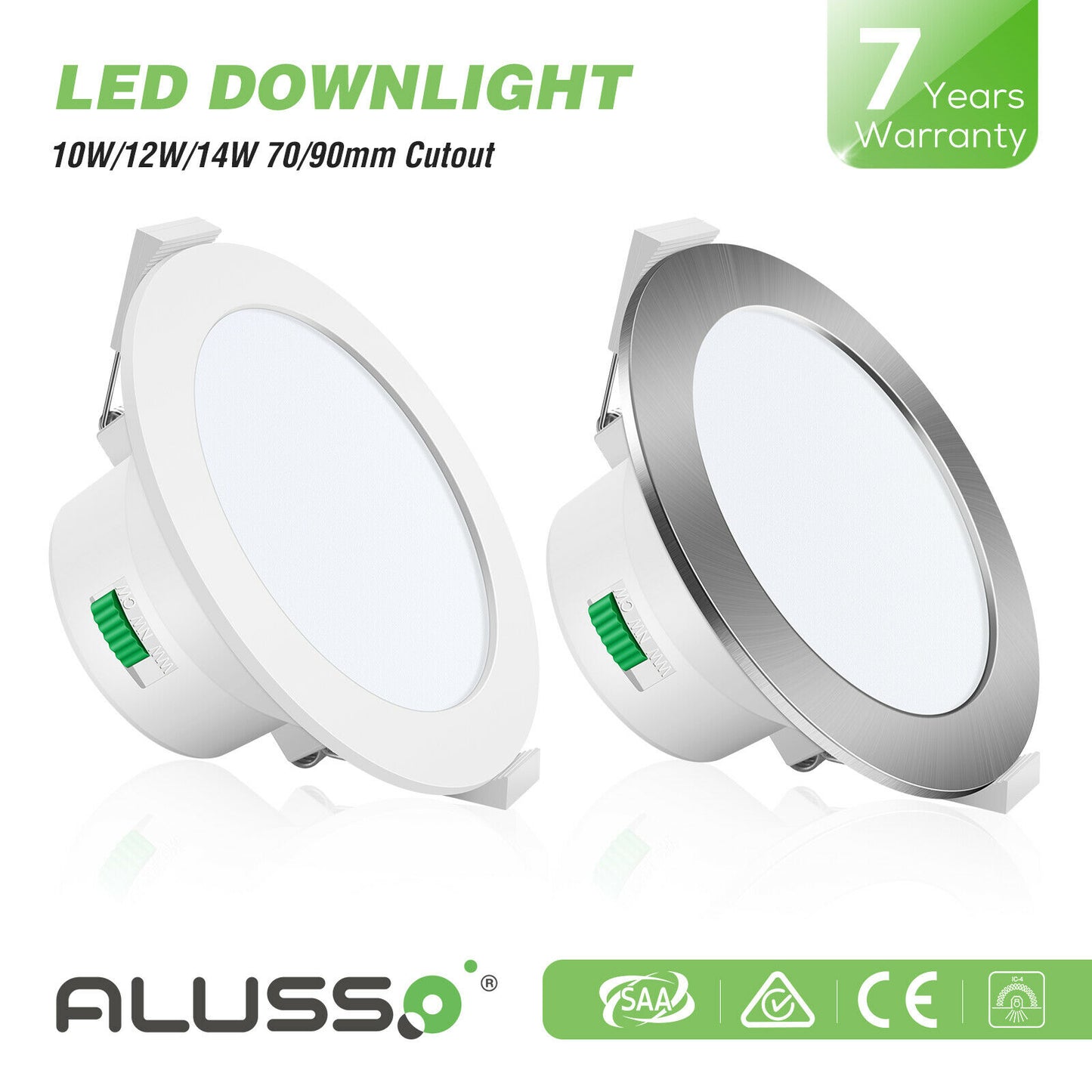 10W 12W 14W LED Downlights Tri-Color Changable Dimmable 70mm 90mm 120mm Cutout IP44, White Chrome Frame, 10 PACK