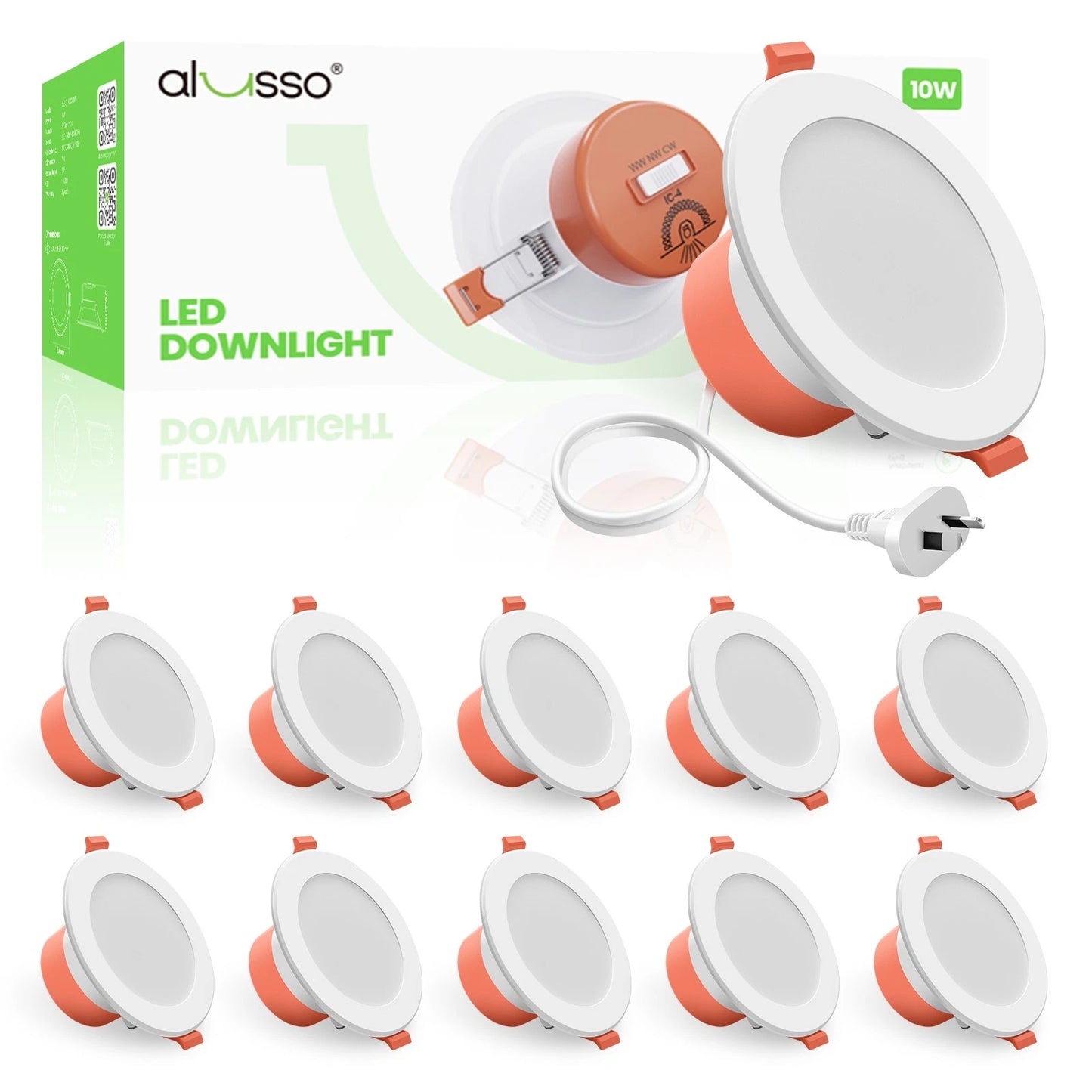 90mm LED Downlight Kit 10W Dimmable Tri Color Daylight with AU Plug IP44