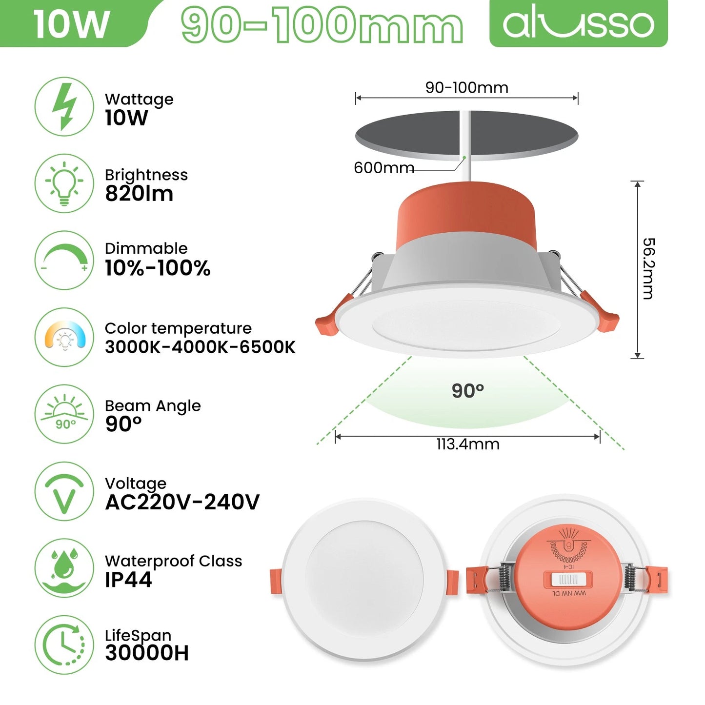 90mm LED Downlight Kit 10W Dimmable Tri Color Daylight with AU Plug IP44