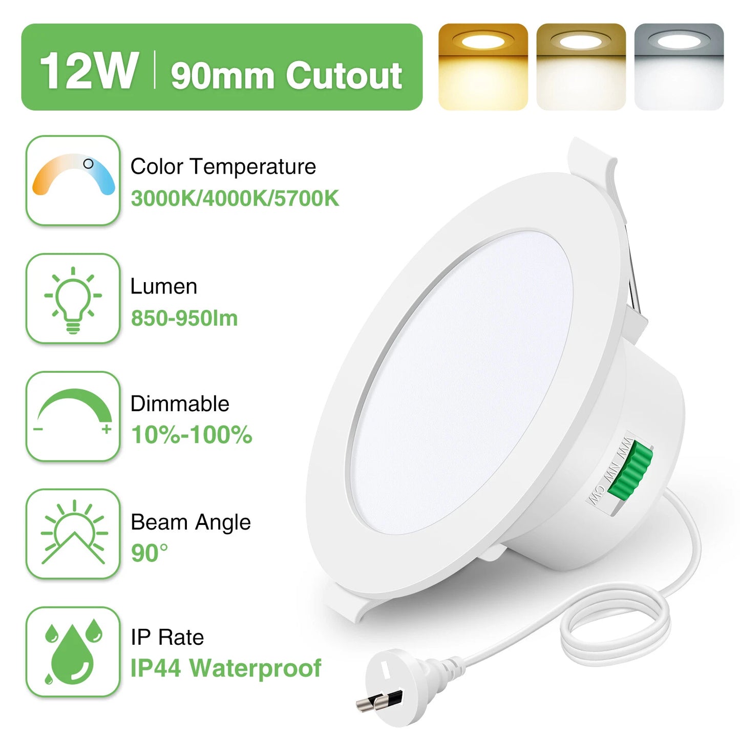 10W 12W 14W LED Downlights Tri-Color Changable Dimmable 70mm 90mm 120mm Cutout IP44, White Chrome Frame, 10 PACK