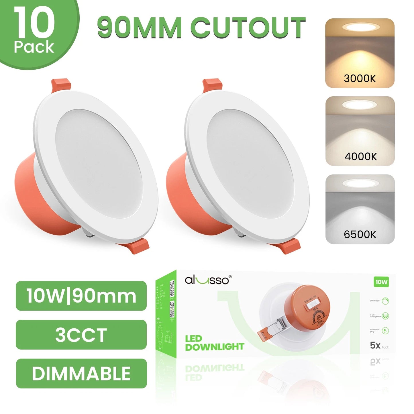 90mm LED Downlight Kit 10W Dimmable Tri Color Daylight with AU Plug IP44