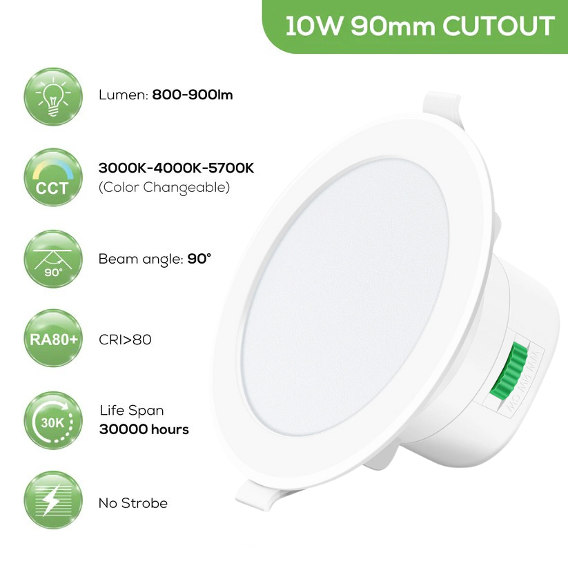 10W LED Recessed Downlight 3CCT Dimmable 90mm IP44 Satin Chrome White 10 Pack