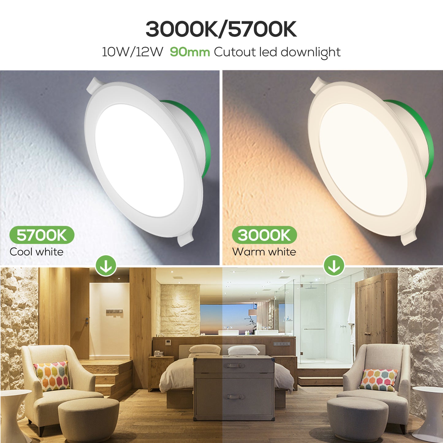 10W LED Recessed Downlight Warm/Cool White Dimmable 90mm Cutout