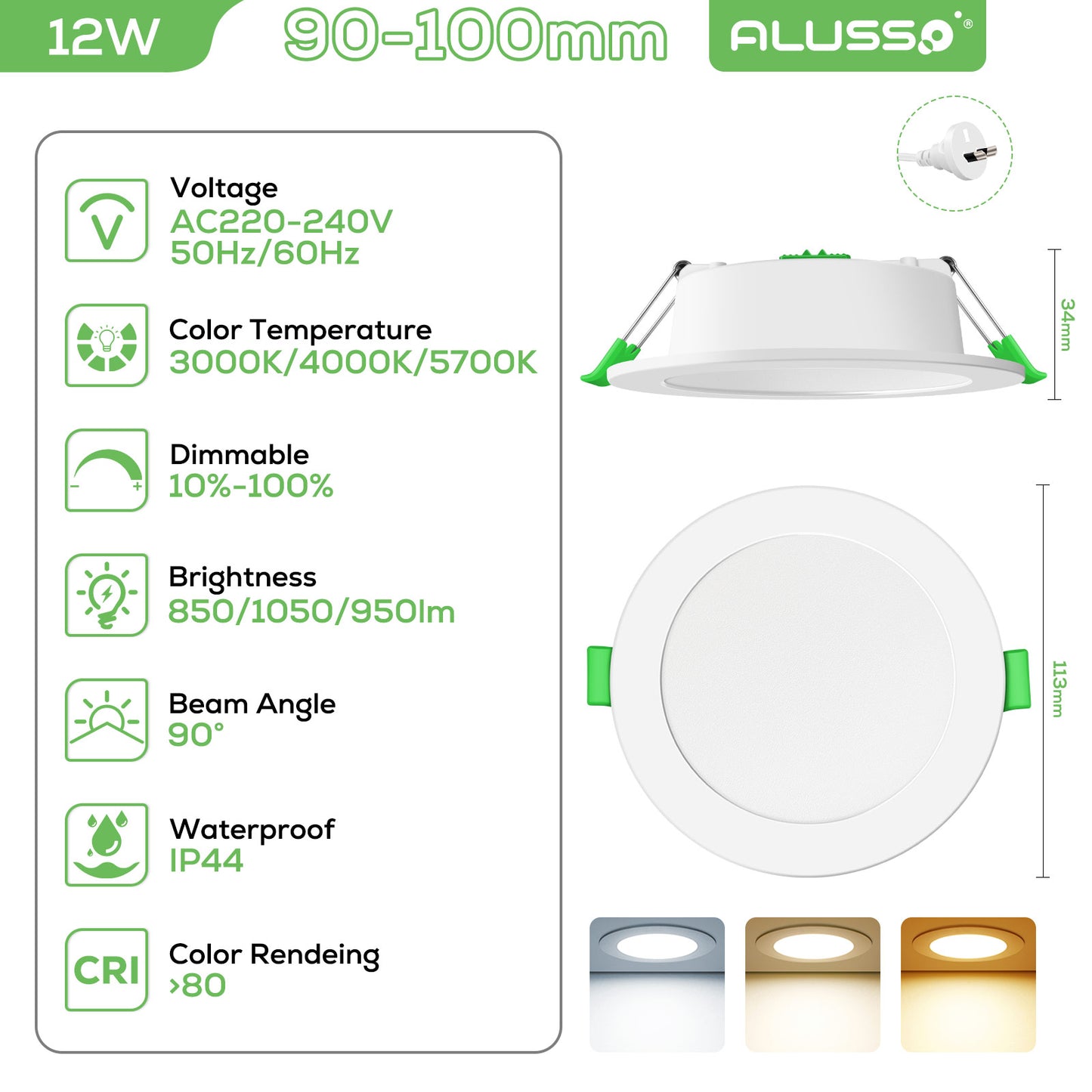 10W/12W Led Downlight Kit 75/90mm CCT Dimmable Warm/Daylight/Cool White IP44 SAA