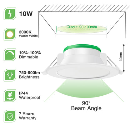 10 Pack 10W/12W/13W LED Recessed Downlight 3CCT Dimmable 90mm IP44 White Nickel Frame