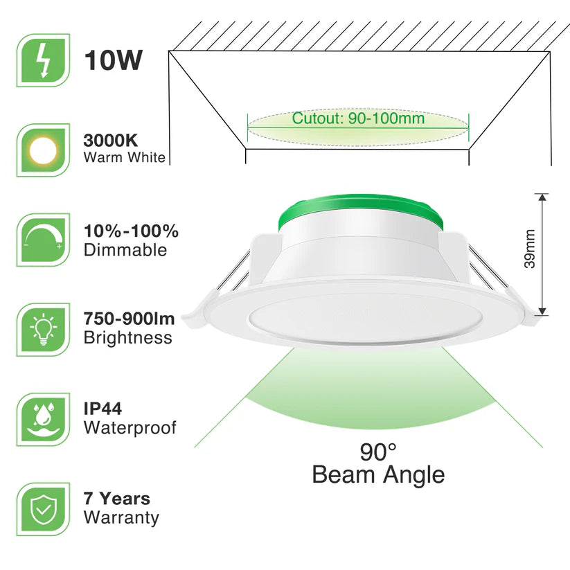 10 Pack 10W/12W/13W LED Recessed Downlight 3CCT Dimmable 90mm IP44 White Frame
