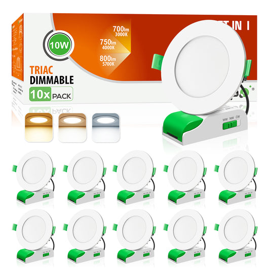 Flat / Concave 10W LED Downlight 3CCT Dimmable, Cutout 70-80mm, White & Black & Nickel Face, 10 Pack