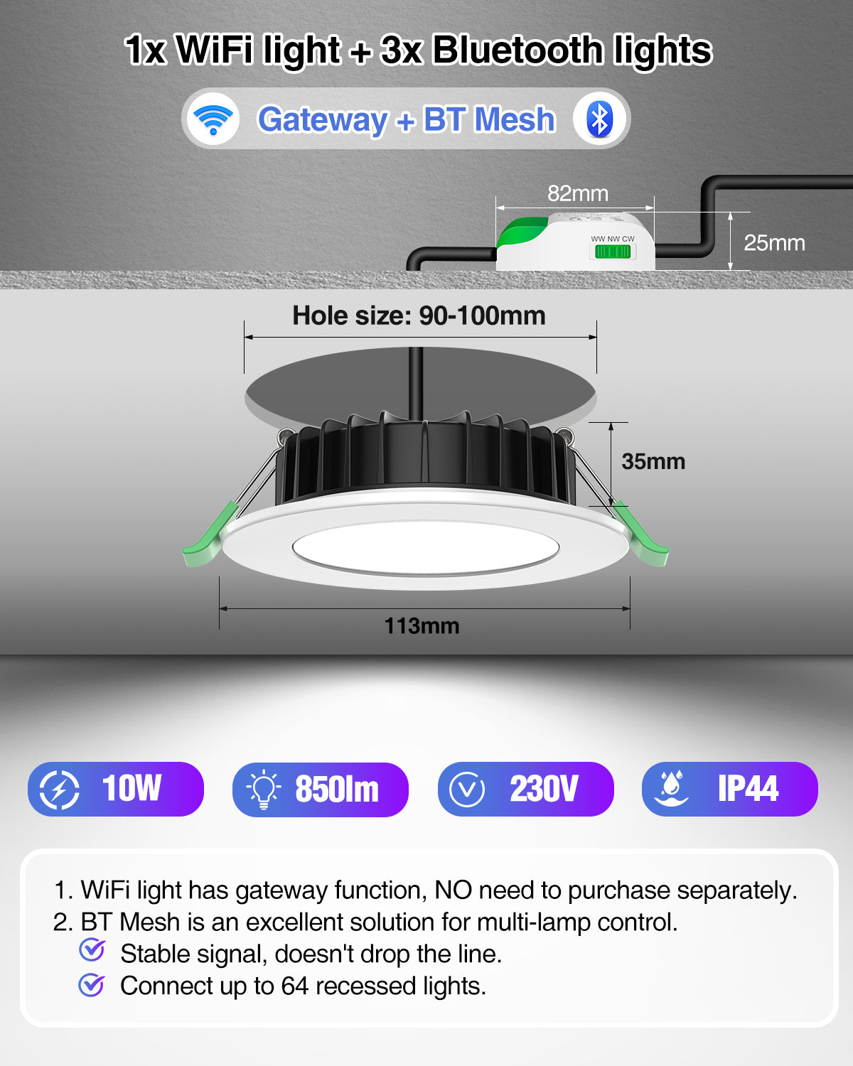 WiFi 10W LED Smart Bluetooth Downlight, 3.5cm Height, Cutout 90-100mm 1/4 Pack