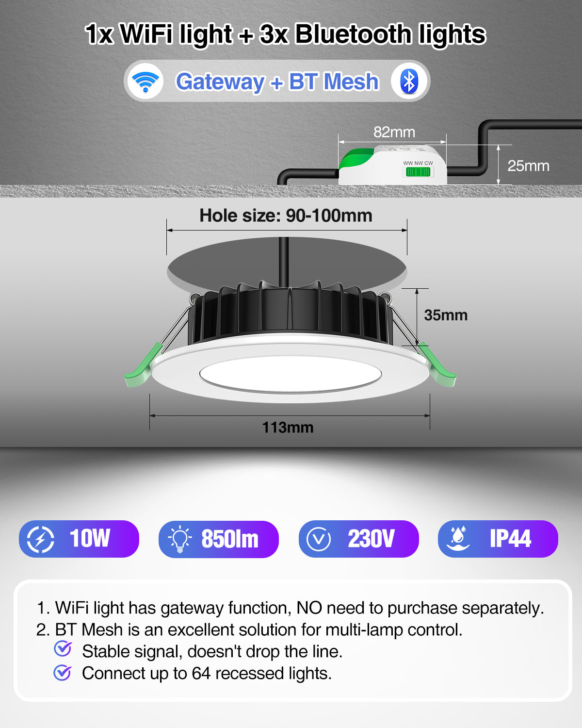 WiFi 10W LED Smart Bluetooth Downlight, 3.5cm Height, Cutout 90-100mm 4 Pack