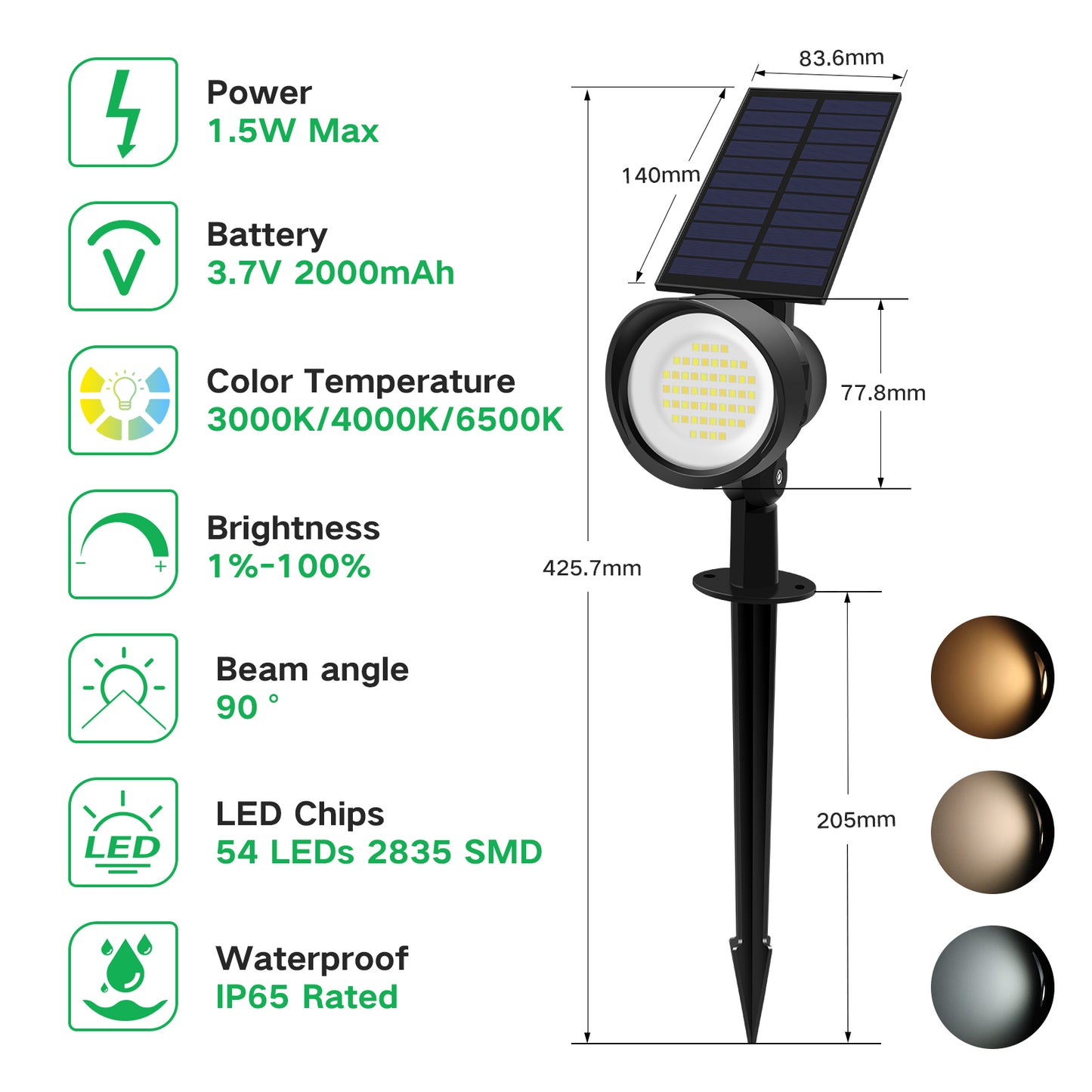 2 Pack 3CCT+DIM 54-LEDs Solar Landscape Spotlights Outdoor Wall Night Light IP65