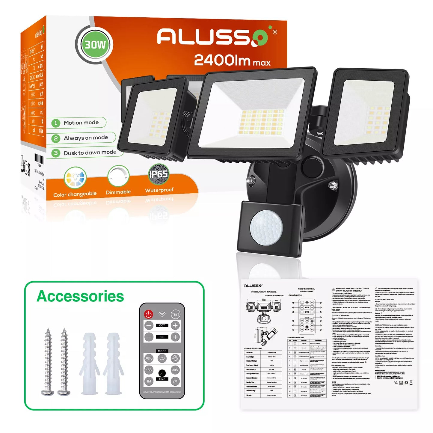2400lm 3 Heads LED Security Outdoor Lights 30W Black IP65 Flood Lamp