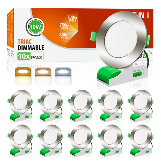 Flat 10W LED Downlight 3CCT Dimmable, Cutout 70-80mm, Satin Chrome Face, 10 Pack