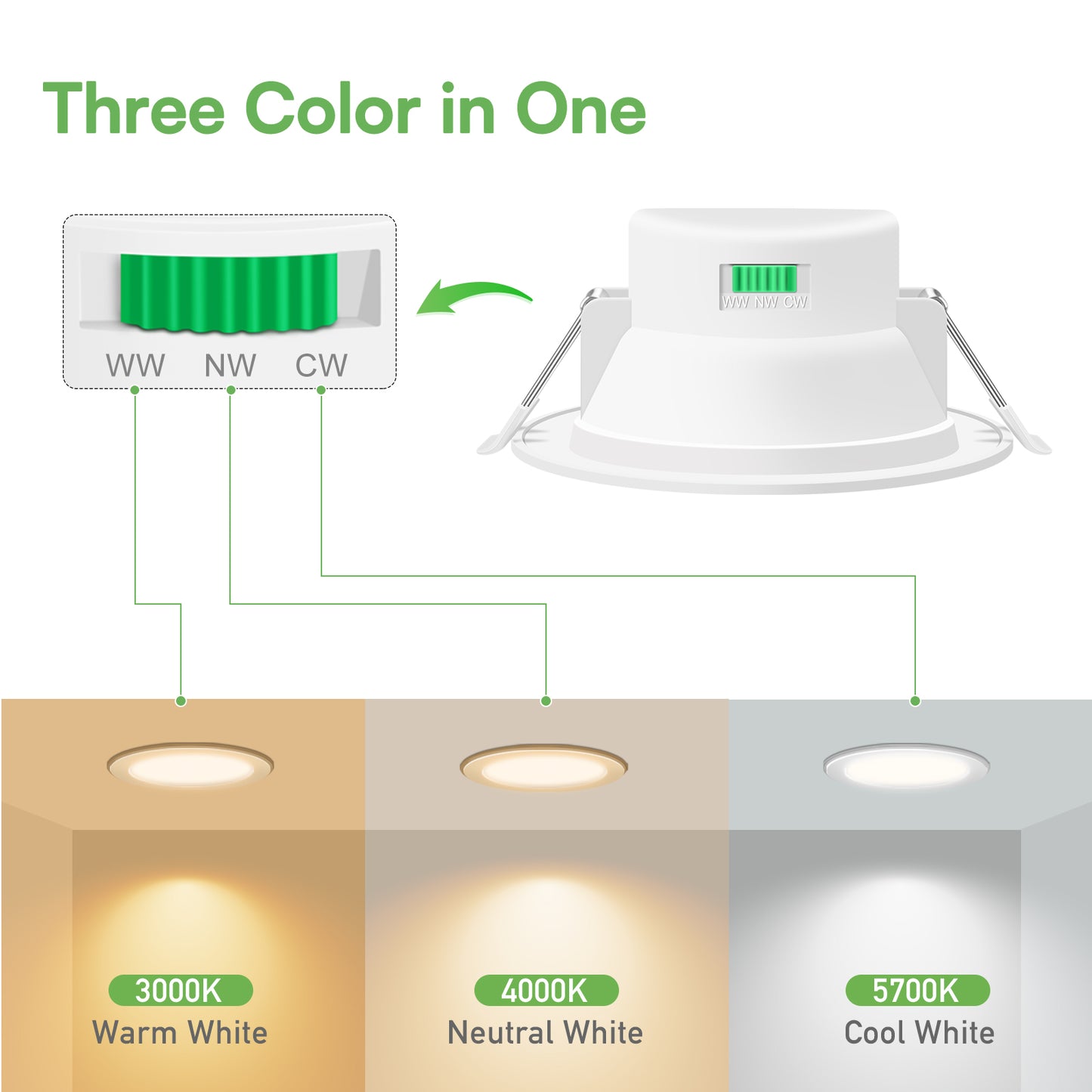 10W LED Downlights Tri-Color Changable Dimmable 70mm Cutout IP44, Satin Chrome Frame, 10 PACK