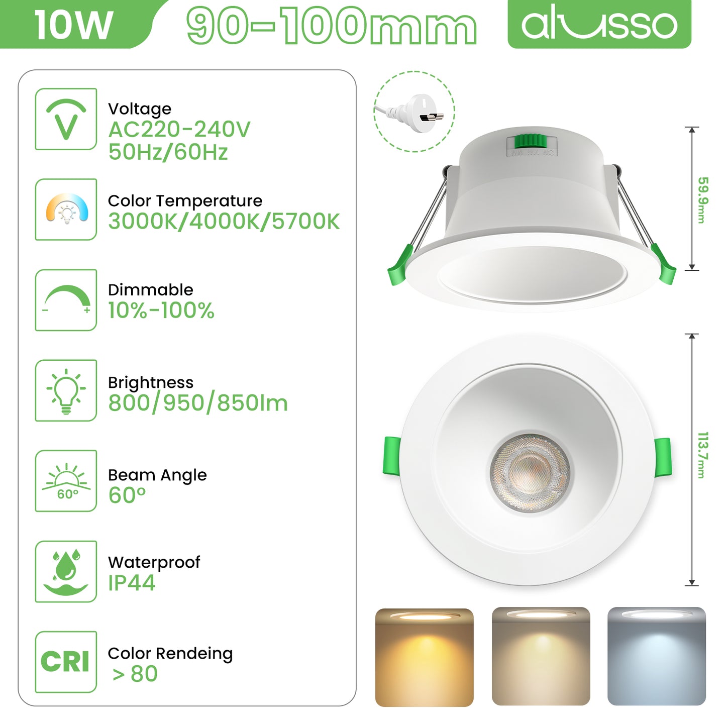10X 10W 90-100mm Cutout LED Downlight 3CCT Dimmable Recessed Light with AU Plug