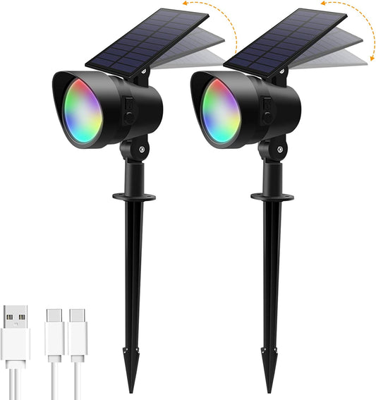 2 Pack RGB 19-LEDs Solar Landscape Spotlights Outdoor Wall Night Light IP65