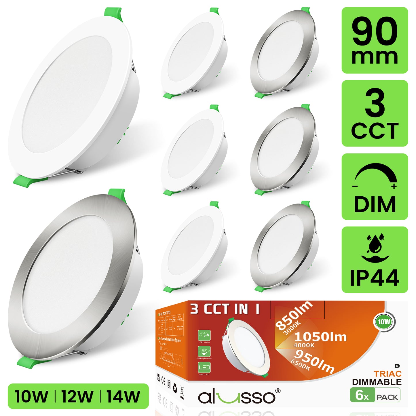 10W/12W/14W Led Downlight Kit 75/90/120mm CCT Dimmable Warm/Daylight/Cool White IP44 SAA Pack of 10