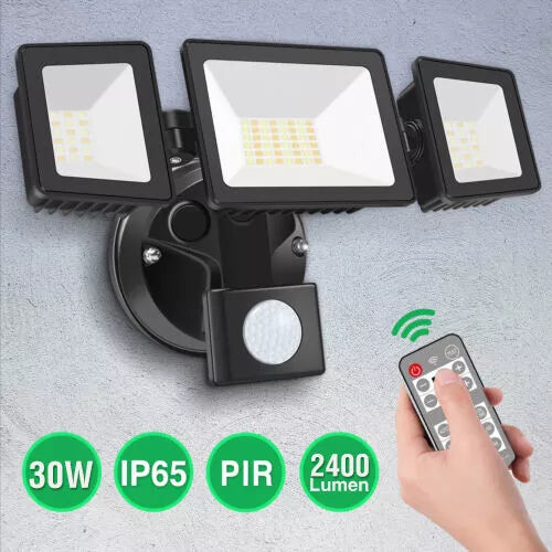 2400lm 3 Heads LED Security Outdoor Lights 30W Black IP65 Flood Lamp