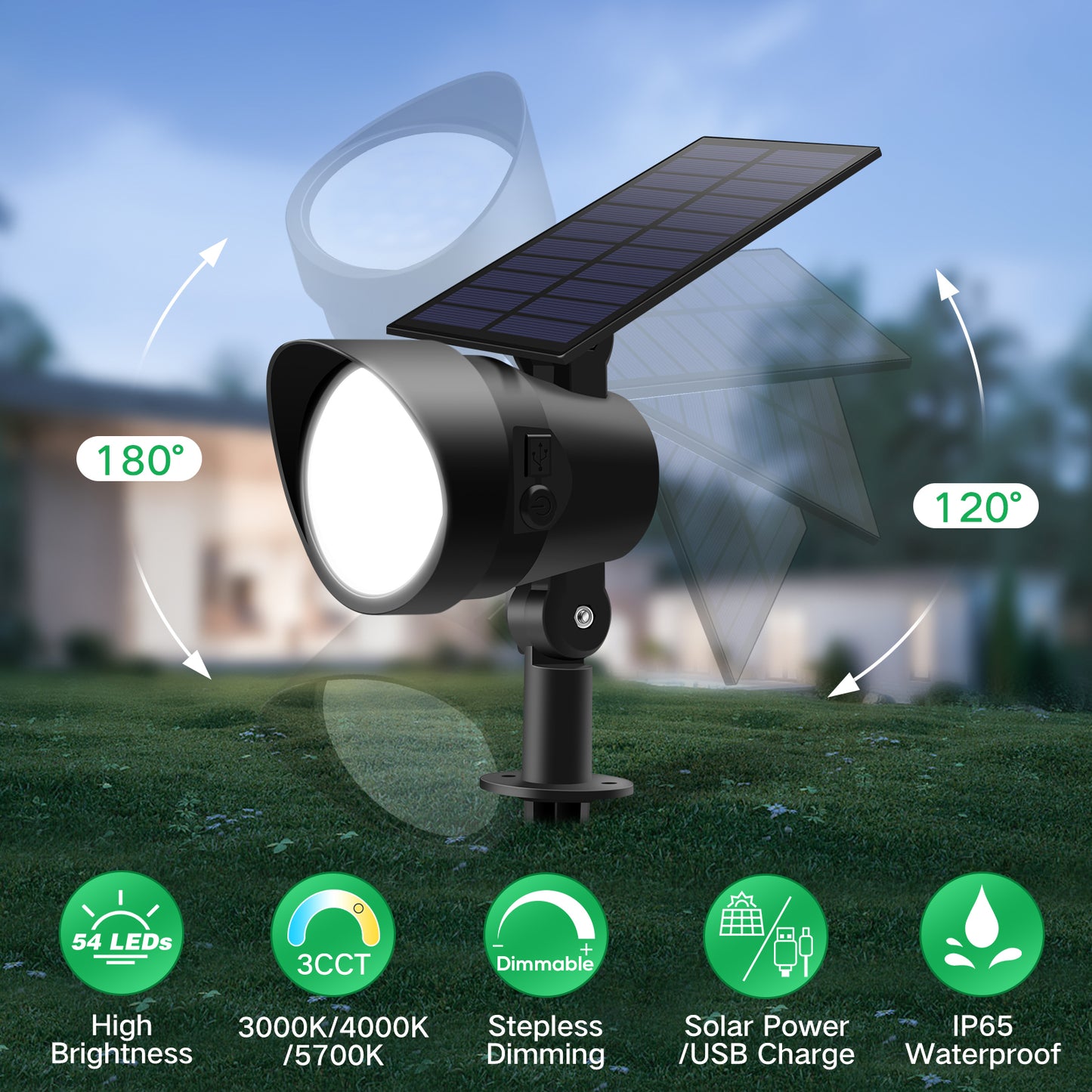2 Pack 3CCT+DIM 54-LEDs Solar Landscape Spotlights Outdoor Wall Night Light IP65