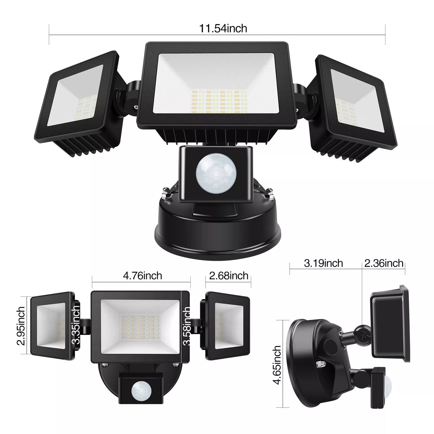 2400lm 3 Heads LED Security Outdoor Lights 30W Black IP65 Flood Lamp