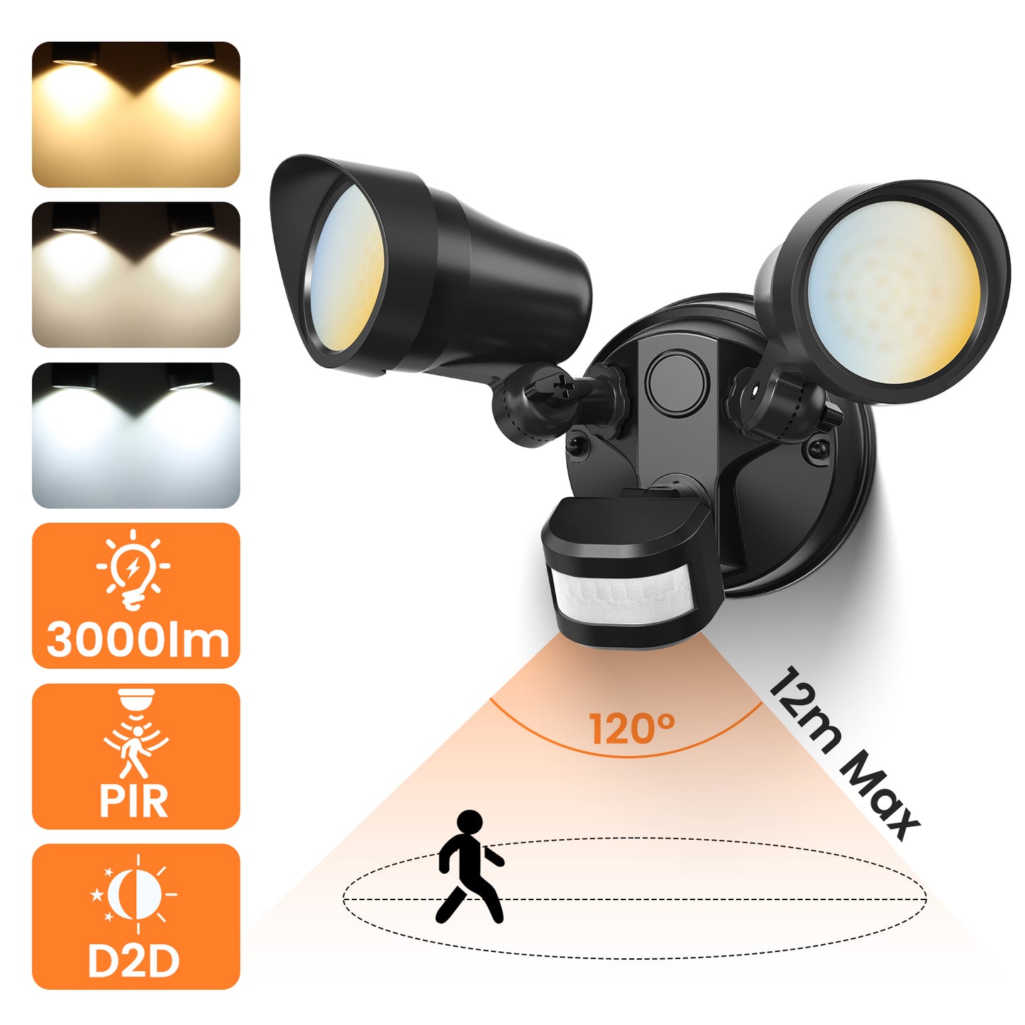 3000LM LED Security 30W Floodlight 3CCT Motion Sensor Detection / D2D Twin Head Lamp IP65