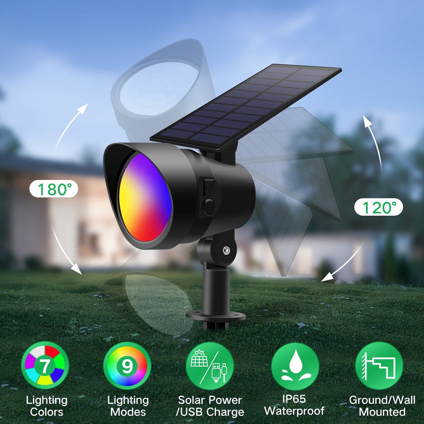 2 Pack RGB 19-LEDs Solar Landscape Spotlights Outdoor Wall Night Light IP65