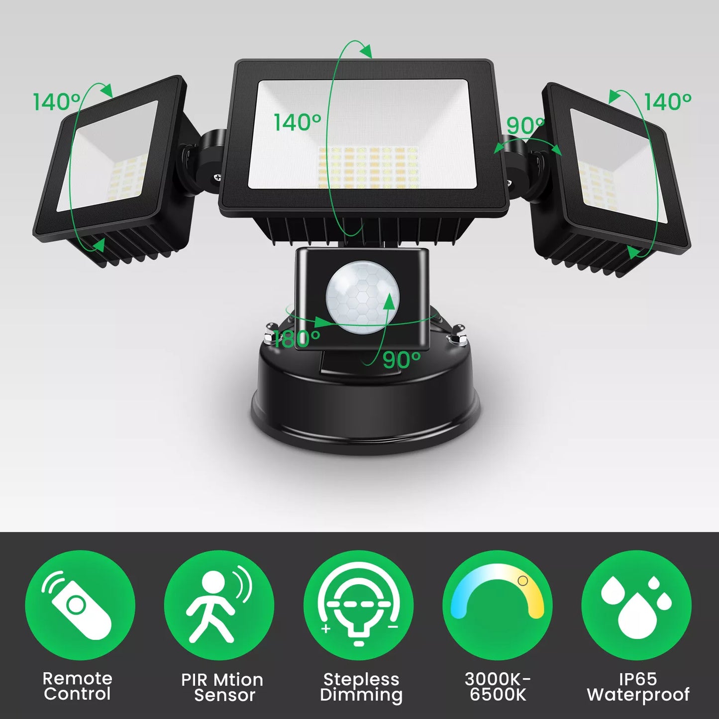 2400lm 3 Heads LED Security Outdoor Lights 30W Black IP65 Flood Lamp