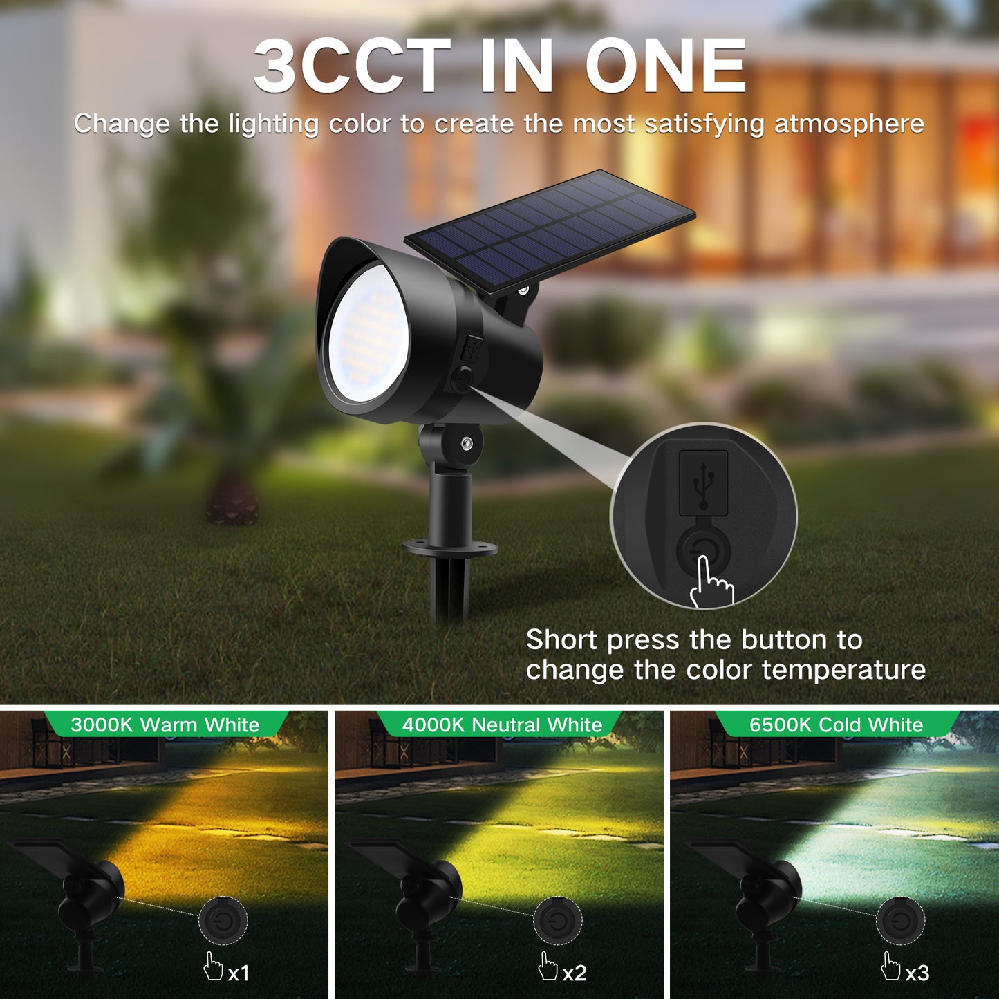 2 Pack 3CCT+DIM 54-LEDs Solar Landscape Spotlights Outdoor Wall Night Light IP65