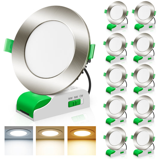 Satin chrome 12W LED Downlight 3CCT Dimmable, Cutout 90-100mm, Flat Face, 10 Pack