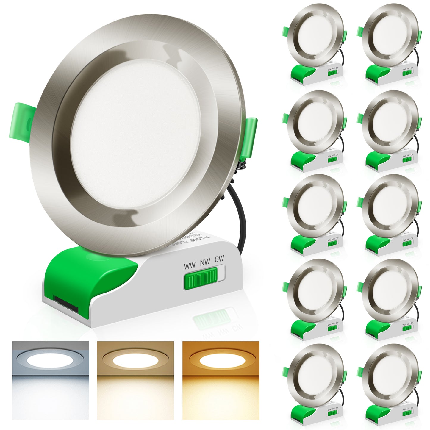 Satin chrome 12W LED Downlight 3CCT Dimmable, Cutout 90-100mm, Recessed Face, 10 Pack