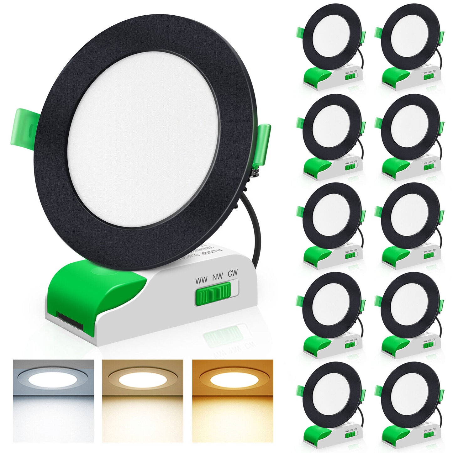 White Black Nickel 12W LED Downlight 3CCT Dimmable, Cutout 90-100mm Flat Face, 10 Pack