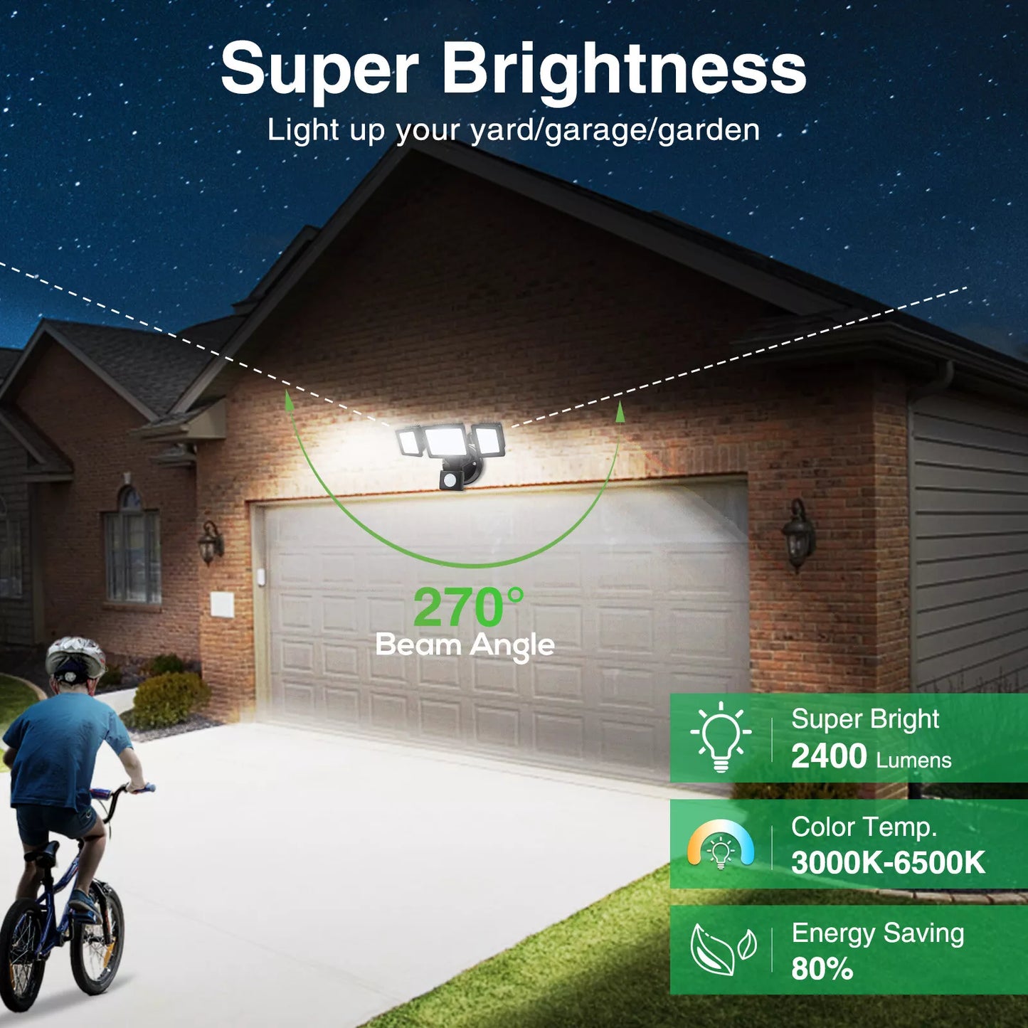 2400lm 3 Heads LED Security Outdoor Lights 30W Black IP65 Flood Lamp