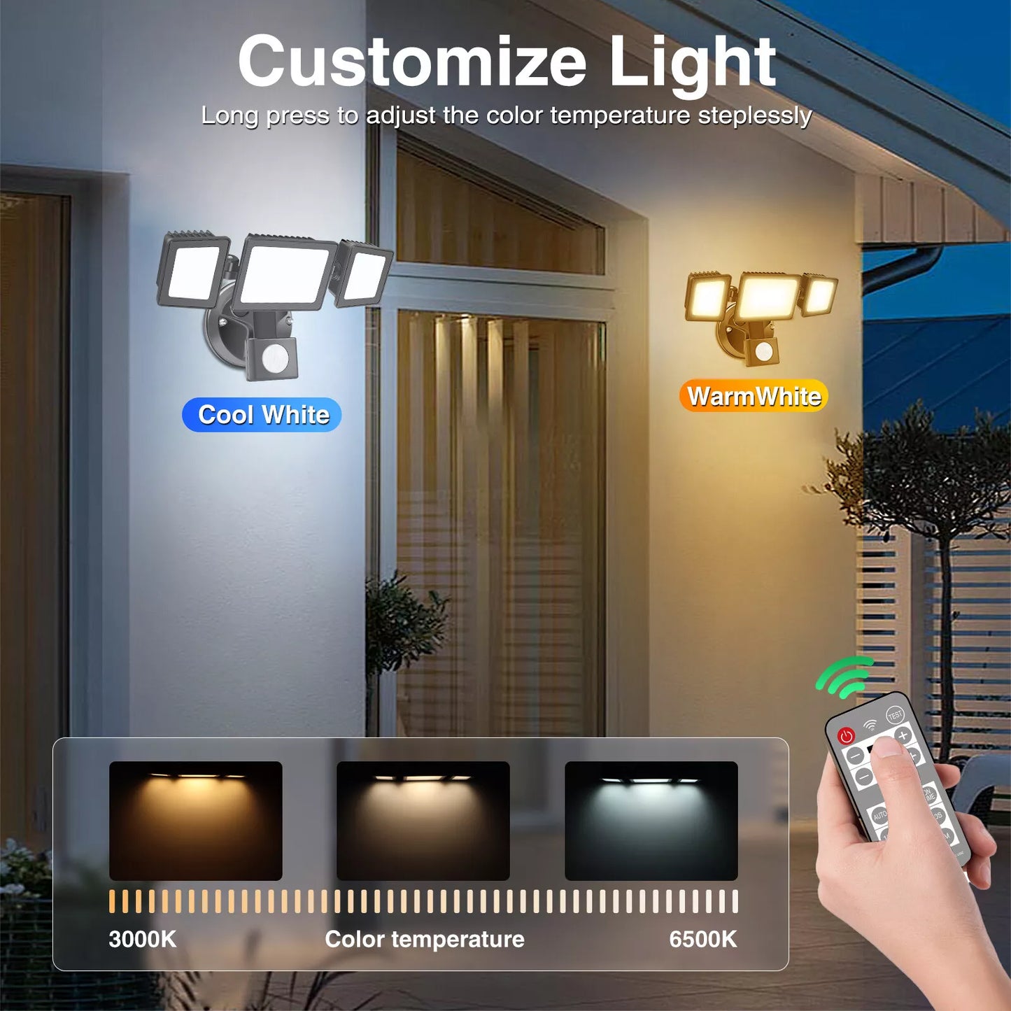 2400lm 3 Heads LED Security Outdoor Lights 30W Black IP65 Flood Lamp
