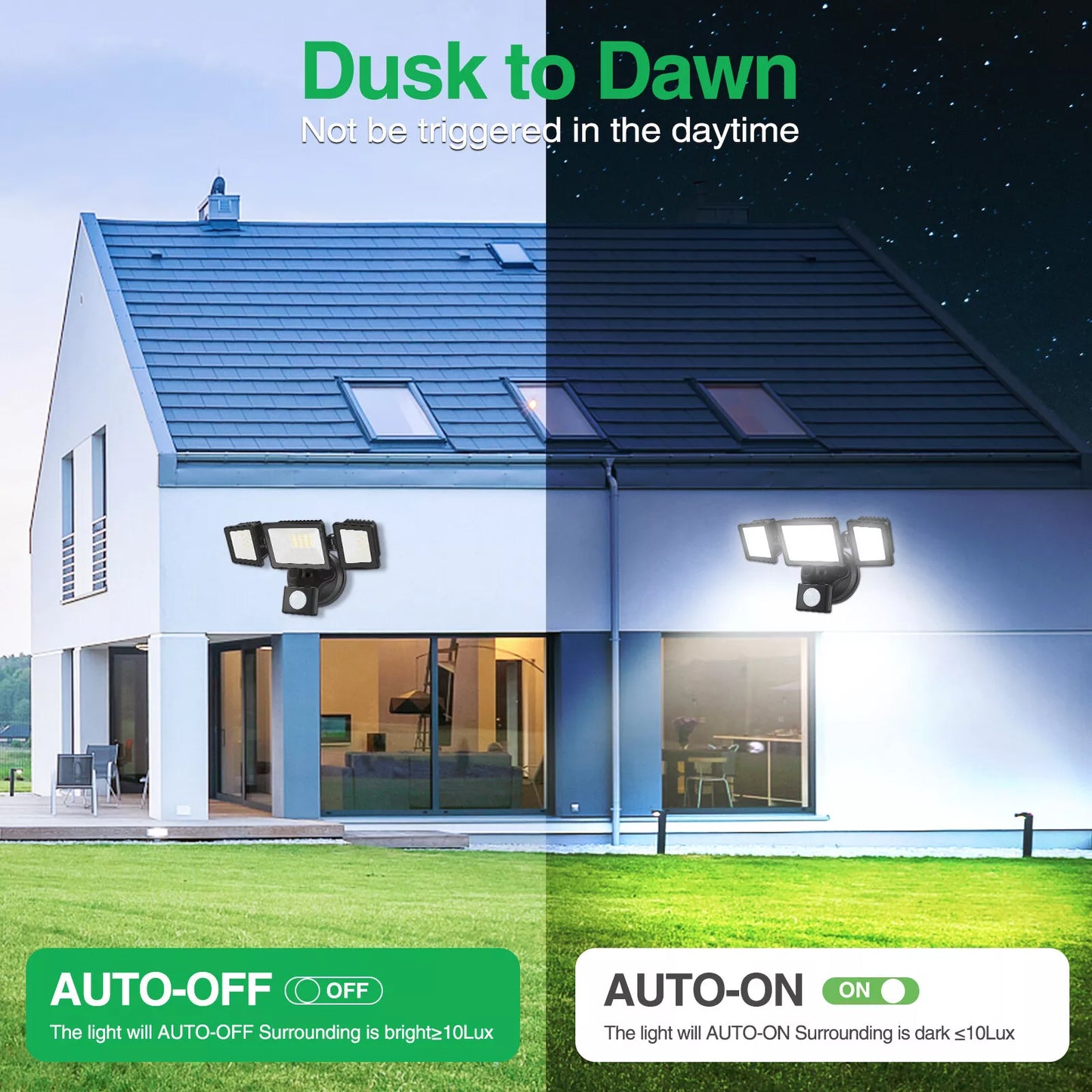 2400lm 3 Heads LED Security Outdoor Lights 30W Black IP65 Flood Lamp