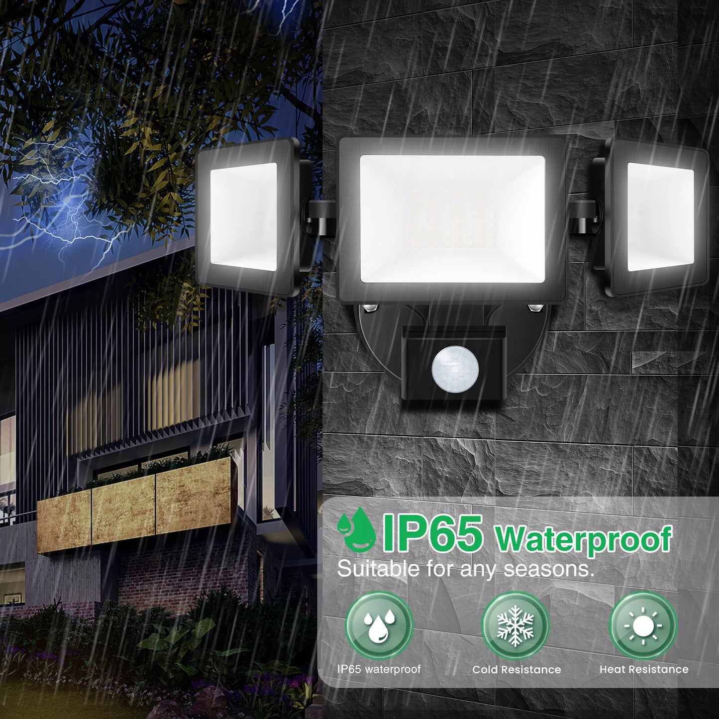 2400lm 3 Heads LED Security Outdoor Lights 30W Black IP65 Flood Lamp