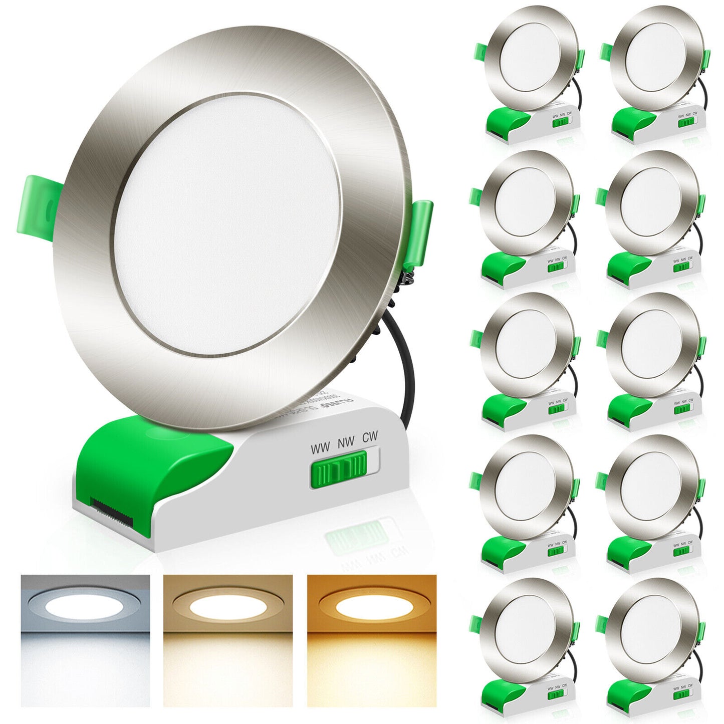 White Black Nickel 12W LED Downlight 3CCT Dimmable, Cutout 90-100mm Flat Face, 10 Pack