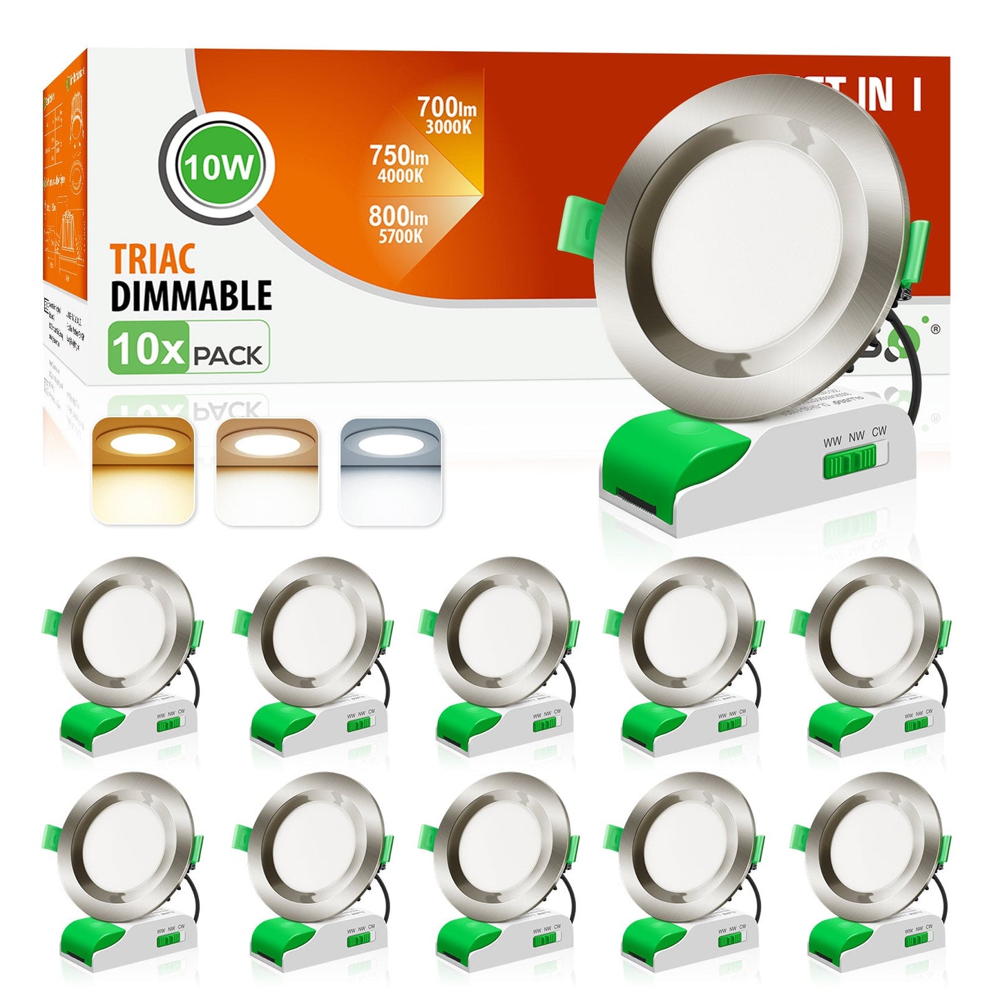 Flat / Concave 10W LED Downlight 3CCT Dimmable, Cutout 70-80mm, White & Black & Nickel Face, 10 Pack