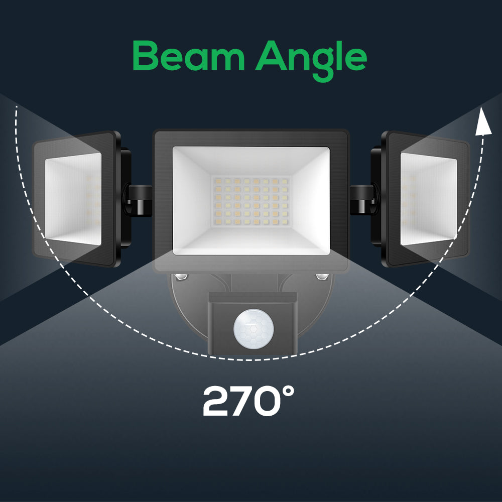 2400lm 3 Heads LED Security Outdoor Lights 30W Black IP65 Flood Lamp