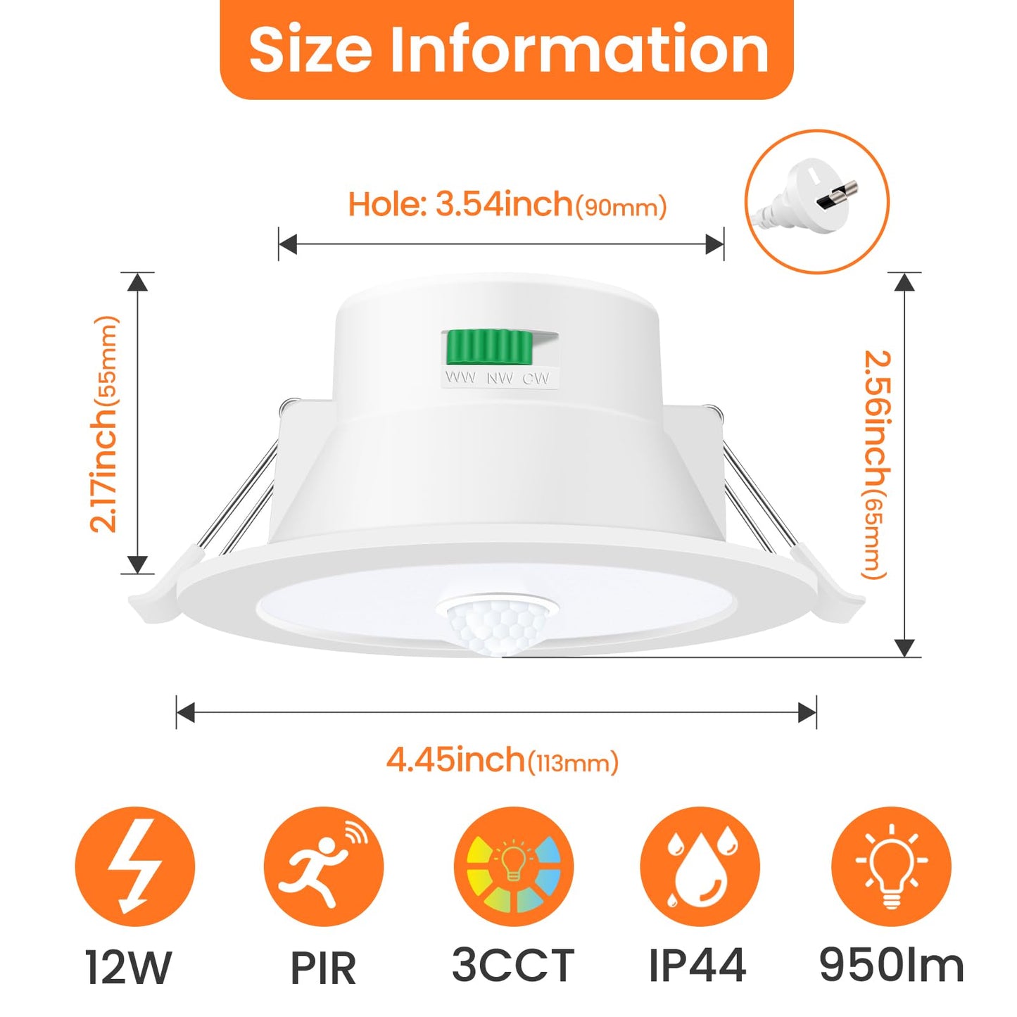 12W LED Motion Sensor Downlight 90-100mm Cutout, 1 Pack