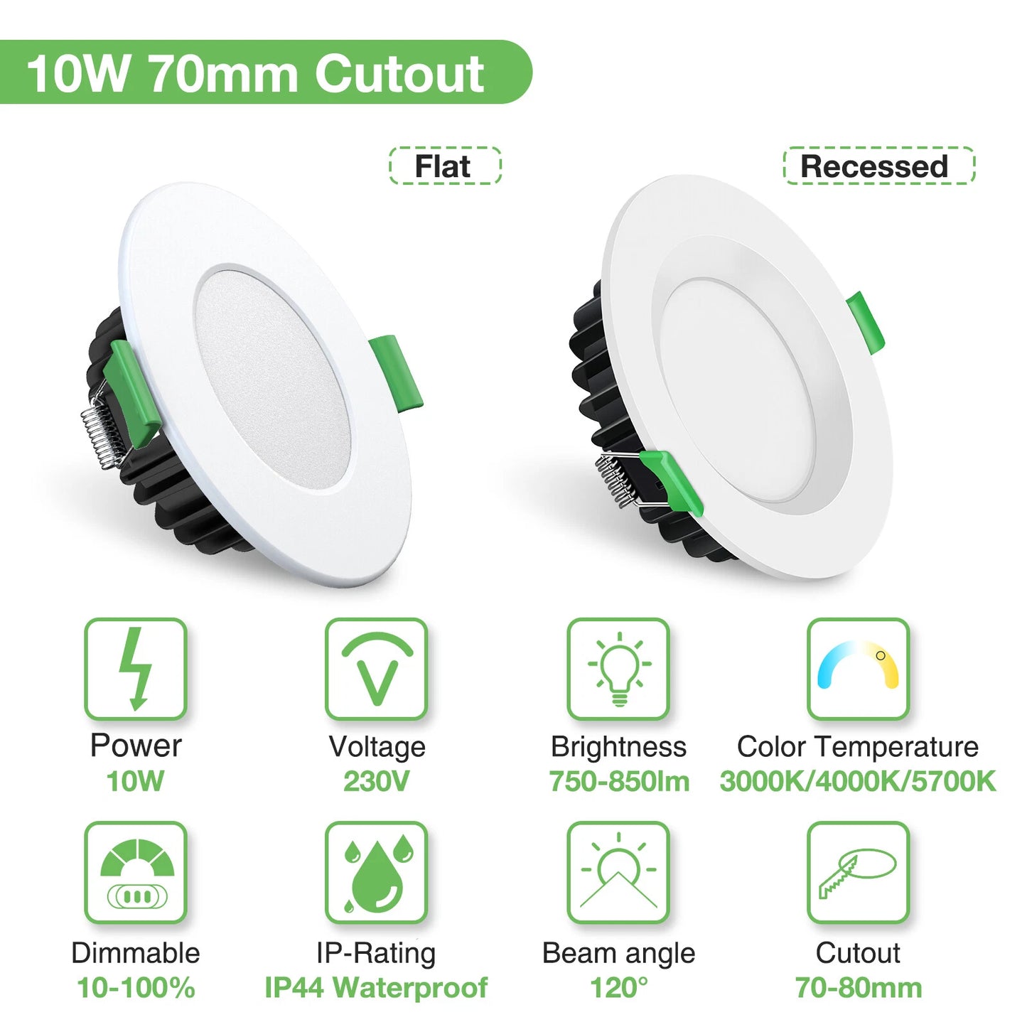 Flat / Concave 10W LED Downlight 3CCT Dimmable, Cutout 70-80mm, White & Black & Nickel Face, 10 Pack